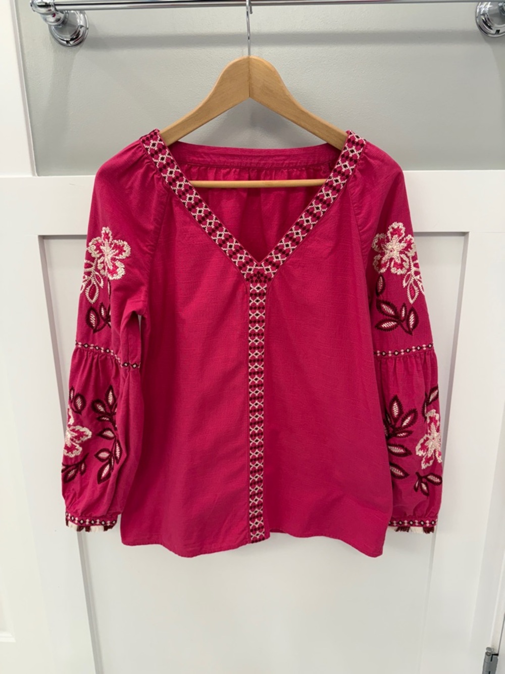 Embroidered Boho V-Neck Top - Hot Pink